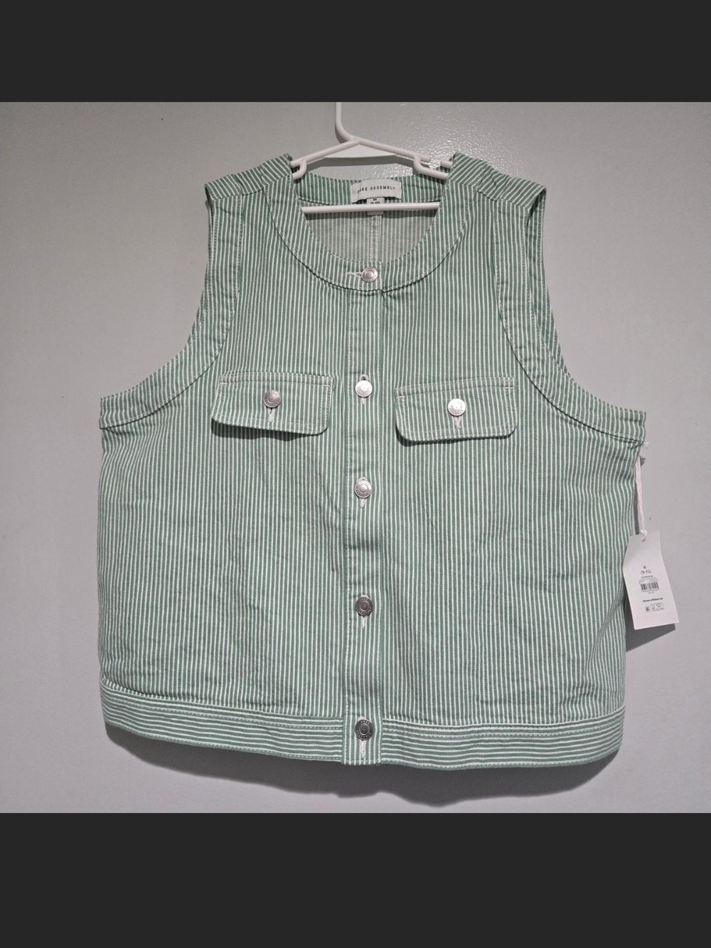 Striped Sleeveless Button-Front Jean Vest - Light Green